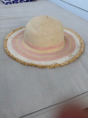 Snapper Rock Girls Paper Straw Sun Hat M/L Pink Stripe Fringe Brim
